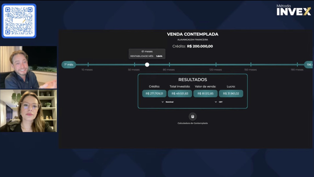 Simulador do Método INVEX mostrando crédito, total investido, valor de venda e lucro de uma carta contemplada